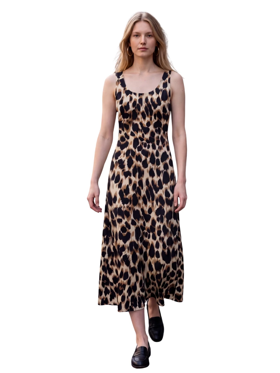VİSKON LEOPAR DESEN ASKILI ELBİSE - SİYAH