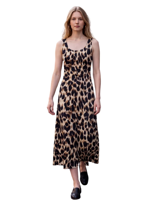 VİSKON LEOPAR DESEN ASKILI ELBİSE - SİYAH